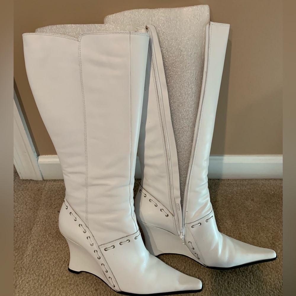 White Leather Wedge Hill Boots